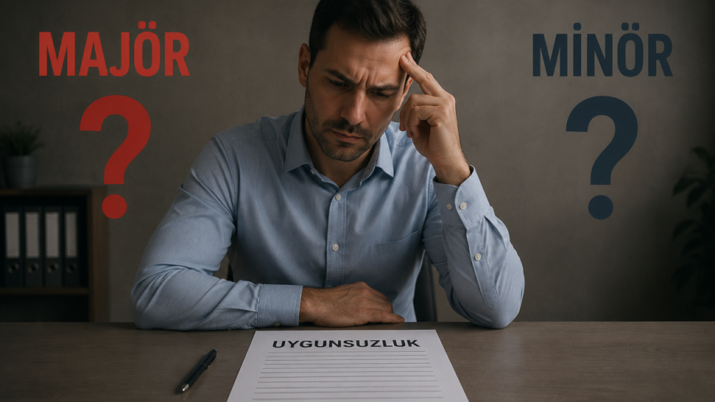 ISO/IEC 17024 denetimlerinde majör ve minör uygunsuzlukların sınıflandırılmasını anlatan görsel