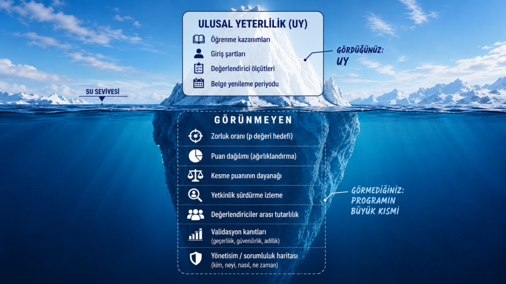 Ulusal Yeterlilik ile belgelendirme programının görünmeyen unsurlarını gösteren buzdağı görseli