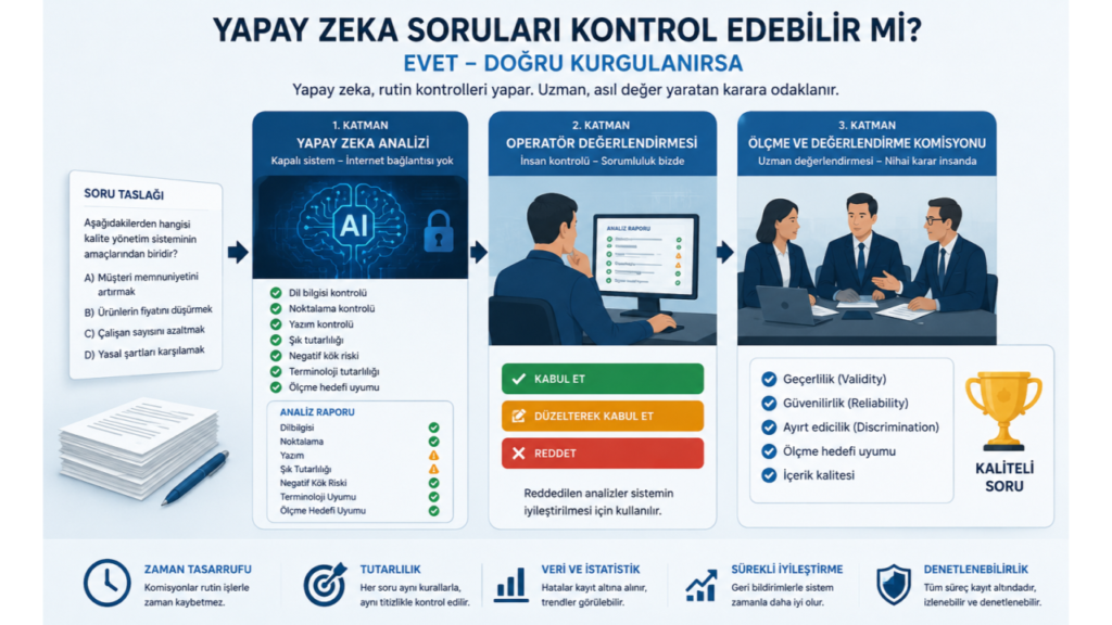 Yapay zekânın sınav sorularının ön kontrolünde kullanımını ve insan gözetimini anlatan görsel
